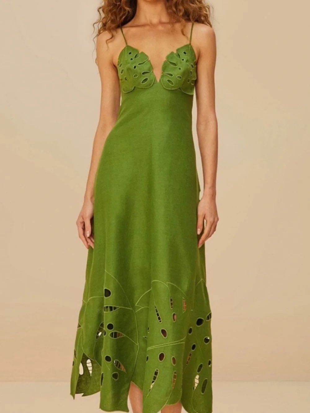 FARM Rio Green Spaghetti-Strap Midi Dress with Leaf Cutouts - Picture 1 of 6